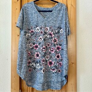 Woman Within Floral Print V-Neck Women’s Top - Blue and Pink 18/20 Large L